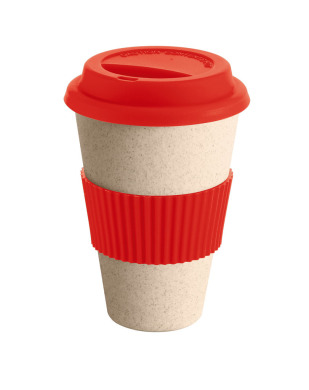 Eco cup made of bamboo fibers and rice hulls with silicone rim and lid for logo application