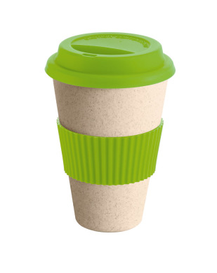 Eco cup made of bamboo fibers and rice hulls with silicone rim and lid for logo application