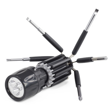 Multilight manual flashlight, multitool 8 in 1, plastic-metal for logo application